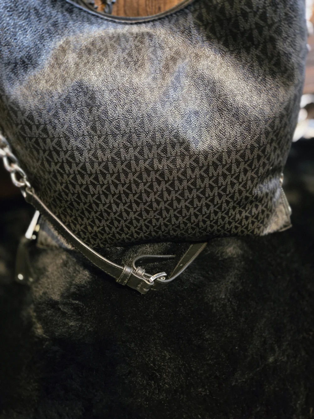 Michael Kors Black MK Logo Chain-Accent Hobo Bag